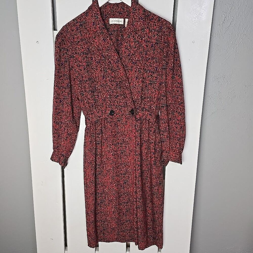 Liz Claiborne VTG Secretary Faux Wrap‎ Red Geometric Dots 6P Dress 80s Career